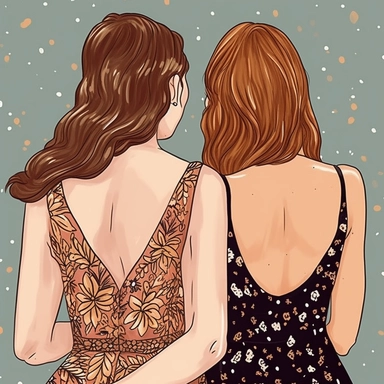 clipart of adult bestfriends, friends forever, back facing, wearing elegant sequined dress, fashionable glam, closeup