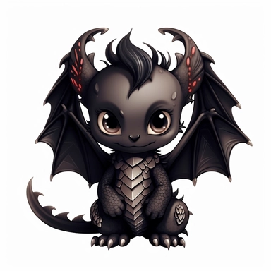Detailed fantasy mythical kawaii cute baby dark dragon full body for clipart, isolated on white background, hd 300dpi vector svg