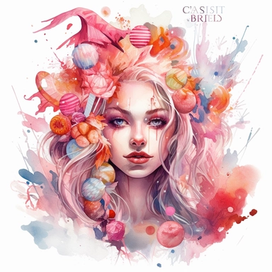 A beautiful clipart image of a charismatic candy-witch is depicted on a white background. She has a beautiful kind and intriguing facial expression. The witch is surrounded by lolipops, candies and flowers. The image has a playful, and magical atmosphere with a palette of bright red pink and white watercolors. in the style of Aleksi Briclot. The candy-witch is places in the center of the image.