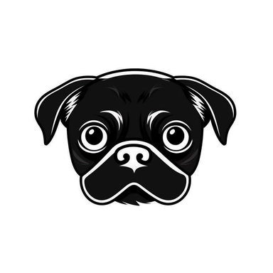 Simple outline of a front - facing crooked head happy Pug dog head peeking with front paws, cute clipart, flat 2d vector, minimalist, black and white, kids cartoon, svg cut file, line art drawing, white isolated background
