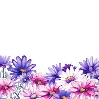 detailed vibrant watercolor rectangle purple daisy flower border with cute border line and with wide middle white space , isolated on white background, realistic, clipart