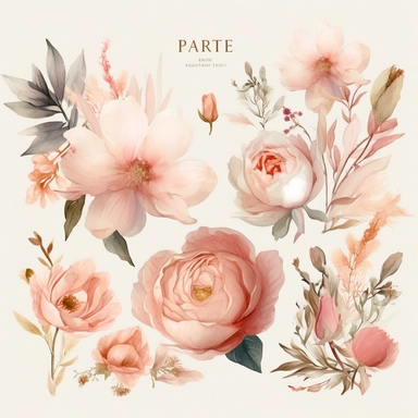 Create a stunning collection of ultra-detailed blush floral watercolor clipart, featuring a variety of exquisite flowers and premade bouquets. Each floral element should be meticulously painted, capturing the delicate beauty and soft hues of blush-toned petals. Incorporate a range of flowers, including roses, peonies, and other enchanting blooms, carefully arranged to form captivating bouquets. Design the clipart with a focus on wedding themes, ensuring seamless integration into wedding invitati