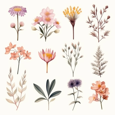 Create a series of minimalist watercolor wildflower clipart with clean lines and pastel color palettes, specifically tailored for Midjourney compatibility, ideal for achieving a modern and contemporary look