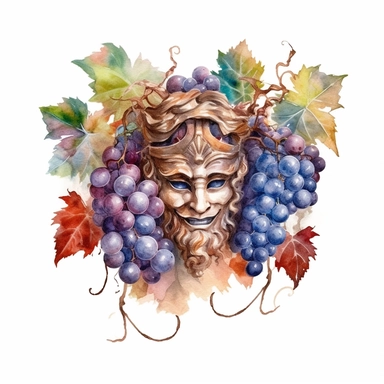 Fantasy Style Ancient Roman Drama Mask with watercolor effect,grapwines and grapes,suitable for digital clipart,white background,Mythologic Scene