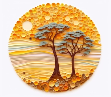 africa accacia trees landscape, art of quilling clipart, gold and glory pastel mute soft colors, illustration, white solid background,