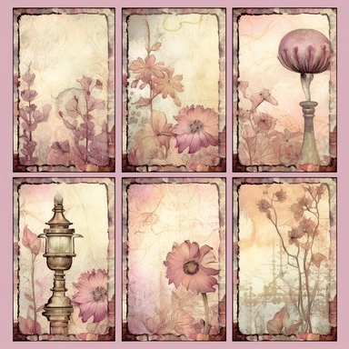 a page of watercolor flowers and street light card collections, set of 4 cliparts, in the style of steampunk-inspired designs, light magenta and beige, great contrast, altered and substituted canvases, art arrangement, photographic source, matte, insanely detailed and sharp, some splash with alcohol ink, nouveau réalisme