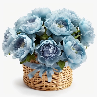 Watercolour realistic pastel blue peonies in wooden wicker basket with delicate ribbon bow wrapped around it intricately realistically detailed pastel blue peonies, PNG image,transparent background ,ultra highly detailed, 18k, sharp focus, bright photo with vibrant colours, digitally enhanced,photographic, enhanced graphics, png format, straight, sharp focus, bright lighting, intricate detailed png image ,high definition,300dpi,graphic clipart,computer graphics