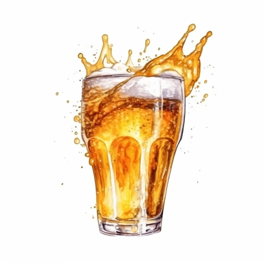 Beer Pours: Illustrate watercolor clipart of beer being poured into a glass, capturing the fluid movement and golden hues, full color, clipart, watercolor illustration, single object, high definition 8k, white background for removing background