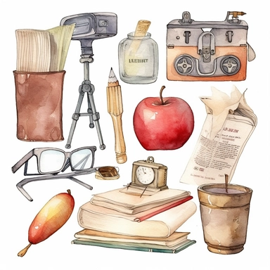 watercolour clipart of a class teacher stuff, teacher objects and elements, full length, high quality, very high details , white background