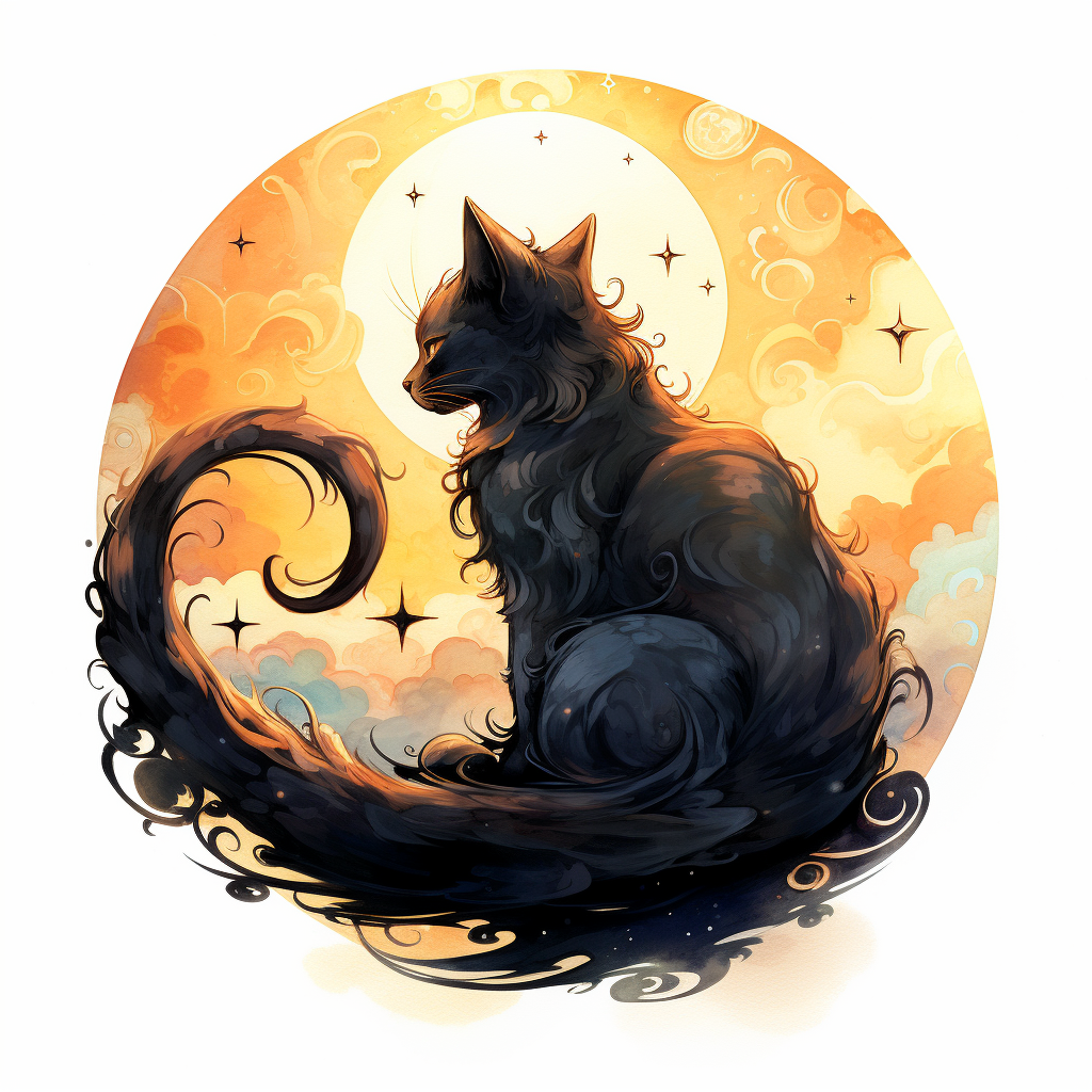 A beautifully painted watercolor cat with crescent moon behind it, hues ...