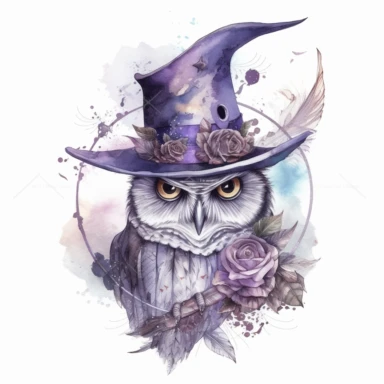 witch owl wearing a witch hat , in the style of mystic mechanisms ,pencil art illustrations, Isolated white background, reimagined by industrial light and magic, lith printing, illusory images, watercolor clipart, very subtle purple tones, , ,