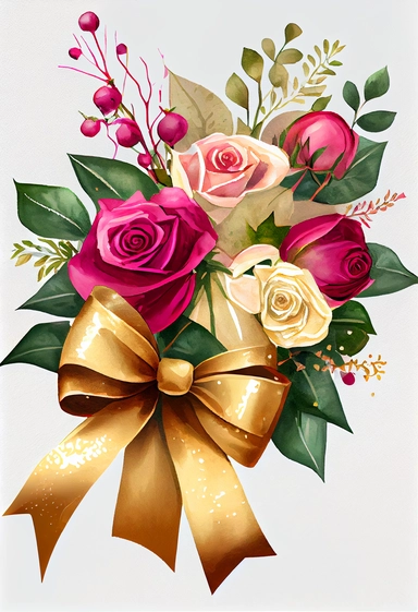 Roses bouquet Fuchsia and cream, gold bow in the bouquet, Watercolor Clipart
