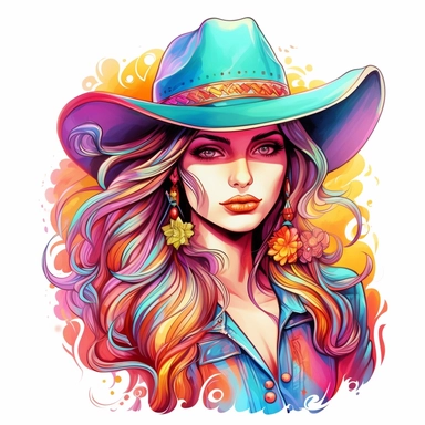 Cowgirl, style by Lisa Frank, watercolor, smooth gradients, black contour outline, ultra detailed, clipart elements, vibrant colors, solid white background, super clear, high quality