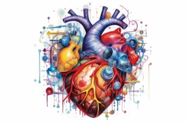 Watercolor, Form a heart shape using intertwined medical symbols or equipment clipart, hd, on a white background, spaced out