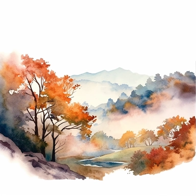 a misty autumn morning in a fog-filled valley with trees peeking through, clipart, watercolor, white background