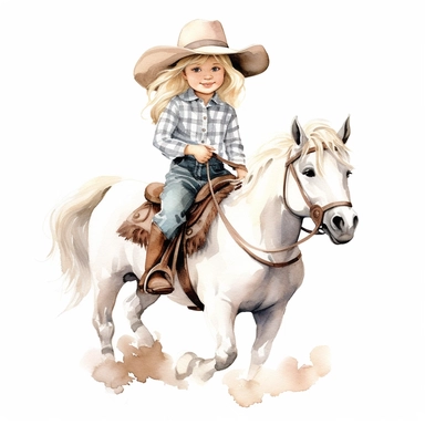 adorable cute vintage little girl in cowboy hat riding white pony, watercolor clipart, high quality clipart, no background , high details
