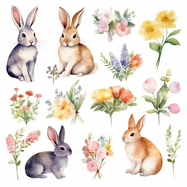 An endearing and captivating set of watercolor bunny floral clipart, consisting of an assortment of hand-painted bunnies nestled among a diverse array of colorful flowers and leaves. The artist demonstrates their mastery of the watercolor medium by depicting the bunnies' cute features, soft fur, and expressive eyes with intricate detail and fluidity. The clipart collection features an array of stunning blooms, including peonies, sunflowers, and wildflowers, that evoke a sense of serenity and nat