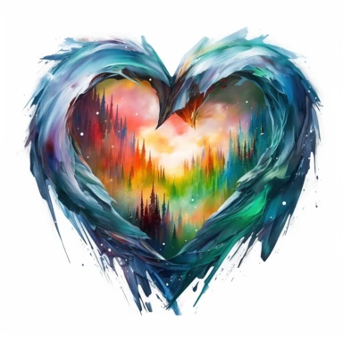 painting of a heart with the northern lights inside of it, in the style of enchanting realms, nature-inspired installations, bloomcore, mesmerizing colorscapes, skillful, fluid and organic, clipart, blank white background