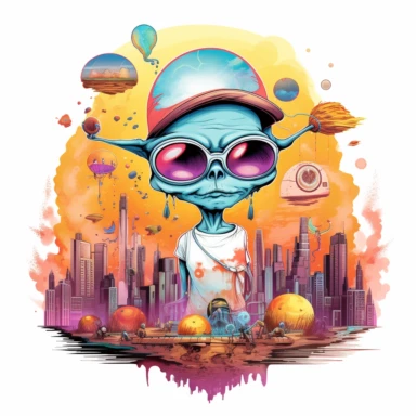 Artwork for t shirt graphic of majestic vibrant color magnificent funny Alien with planets and solarsystem in the Back, starting Rocket from the ground, in a pencil drawing style, A vibrant featuring a sun setting over a futuristic City, with a soft pink sky and a hint of orange in the horizon white background, colorful shades, Centered, highly detailed clean, vector image, photorealistic masterpiece, professional photography, realistic, flat white background, isometric, vibrant vector, clipart,