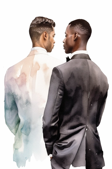 watercolor portrait illustration of dark-skinned groom with dark-skinned best man clipart, view of the back, zoomed in close view, in style of Michiel van Huysum, subtle faded color variations, hyper-detailed hd watercolor clipart, on white background, spaced out