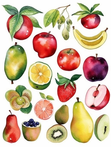 Watercolor clipart set with white background, cute fruits, cute and adorable, flat design, clearly defined separated image, high quality