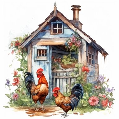 Watercolor clipart of a cute chicken coop, decorative, floral, colored pencil drawing, good composition, isolated white background, Sublimation Clipart,hyper realistic, intricate detail, illustration style,high solution,on the white background