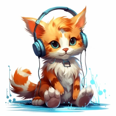 cute kitten listening to music in the style of skottie young, clipart