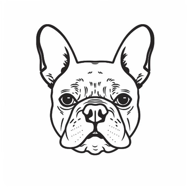 Simple outline of a front facing French Bulldog head, kids cartoon, minimalist, black on white, lineart, 2d flat file, silhouette, clipart, svg