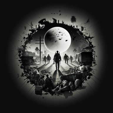 Creative graphic design, design, WW2, A group of soldiers with an M4 weapon, upper drone view, a tired faces, Walking in an open area in the middle of a refugee camp, lots of pipe bombs scattered in the area, full moon black and white, wrecked streets, dead body, explosions in the background, a war zone, scattered, on a refugee camp, war, dead people, dark sky, no hope, sepia colors, black and white, dark, deep pain, people in tremendous suffering, EPIC, Dark collage, clipart, graphic, illustrat