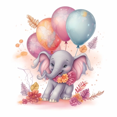 a detailed very colorful vector Clipart image sticker of a beautiful majestic magical floral smilling baby elephant and pastel pink balloons colors holding balloons with a white background, pastel light colors, fall colours, gold ropes, photorealistic, cinematic, Cinematic, Color Grading, Editorial Photography, Photography, Photoshoot, Shot on 70mm, Ultra-Wide Angle, Depth of Field, DOF, Tilt Blur, Shutter Speed 1/1000, F/22, Gamma, White Balance, Neon, Light, Dark, Light Mode, Dark Mode, High C