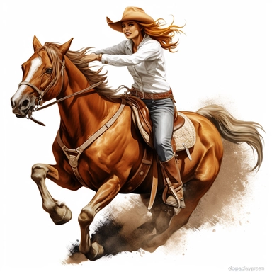 clipart of a realistic cowgirl barrel racing on her horse. high detail, white background. Make sure the whole horse is included.