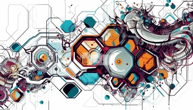 technological background with colorful hexagons and lines, in the style of white background, shaped canvas, light azure and dark amber, light gray and magenta, cybersteampunk Geometric vector shape graded blend filled, in the style of adonna khare, swirling psychedelic flourishes in electric circuit pattern white background, clipart