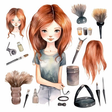 cute girl hairdresser, hair salon, watercolour Clipart white background