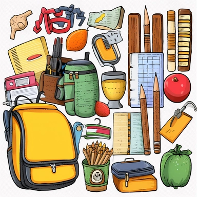 Design a clipart set depicting different school-themed items like books, pencils, erasers, markers, and other stationery items. Add images of different school subjects such as math, science, history, and literature. Include popular school accessories like backpacks, lunch boxes, and water bottles. Add images of children studying, writing, or using technology equipment like tablets or computers.