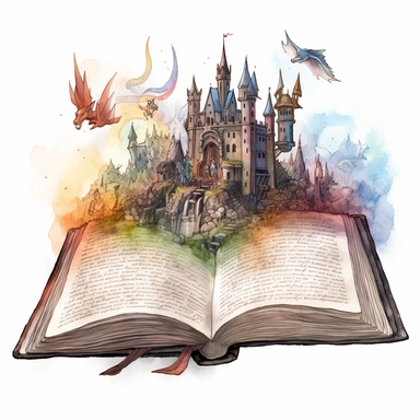 an opened magical Fantasy Book Laying there as the main subject with a heroic castle and magical creatures imerging out of the fantasy book. in a mesmerizing clear lined simple and realistic watercolor illustration style by simon bisley using bold and saturated colors. It is a png clipart on a white background, it should be easy to cutout and remove the background from, so only use saturated colors around the edges of the clipart. The composition is central with a clear outline.