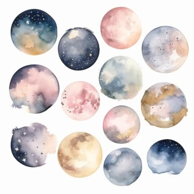 celestial watercolour galaxy clipart, on white background, stars, nebula, moon, galaxy, soft colours