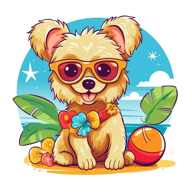 Design a fun and cool clipart featuring a dog enjoying the summer season. Create a playful character that embodies the carefree spirit of summer. Use vibrant colors and incorporate summer elements like sunglasses or a beach ball. With a white background, the clipart will easily integrate into various designs and projects. Perfect for digital designs, merchandise, and print materials, this clipart captures the joyful essence of summertime.