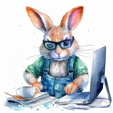 watercolor clipart, cute funny bunny, in style programmer, working on a computer, With an intelligent look, funny and floppy ears, white background, no watermarks, suitable for printing