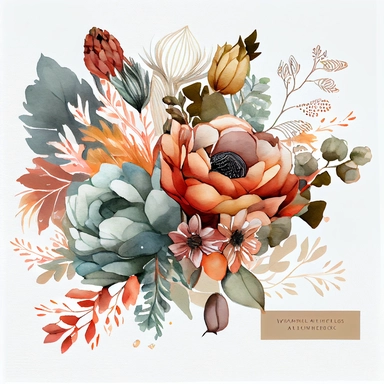 watercolor boho floral arrangement clipart with leaves and flowers, use of fabric, soft and subtle watercolor style, excellent depth of color, watercolor style, intricate and detailed, exquisite realism, super excellent plain white background
