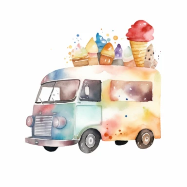Watercolor A cheerful ice cream truck with various flavors and toppings clipart, Minimalist, isolated white background, 8k