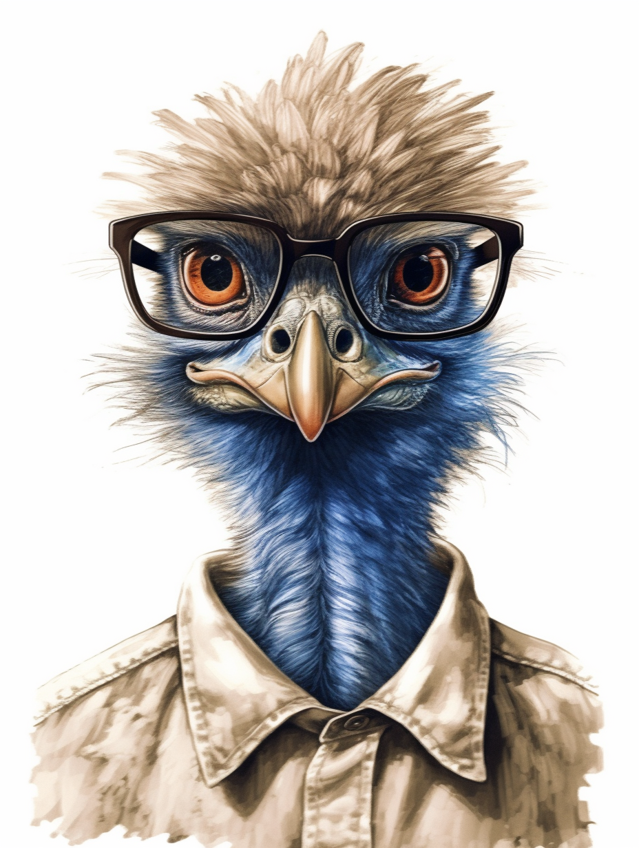 a portrait of a Emu wearing a white shirt and glasses, looking tired ...