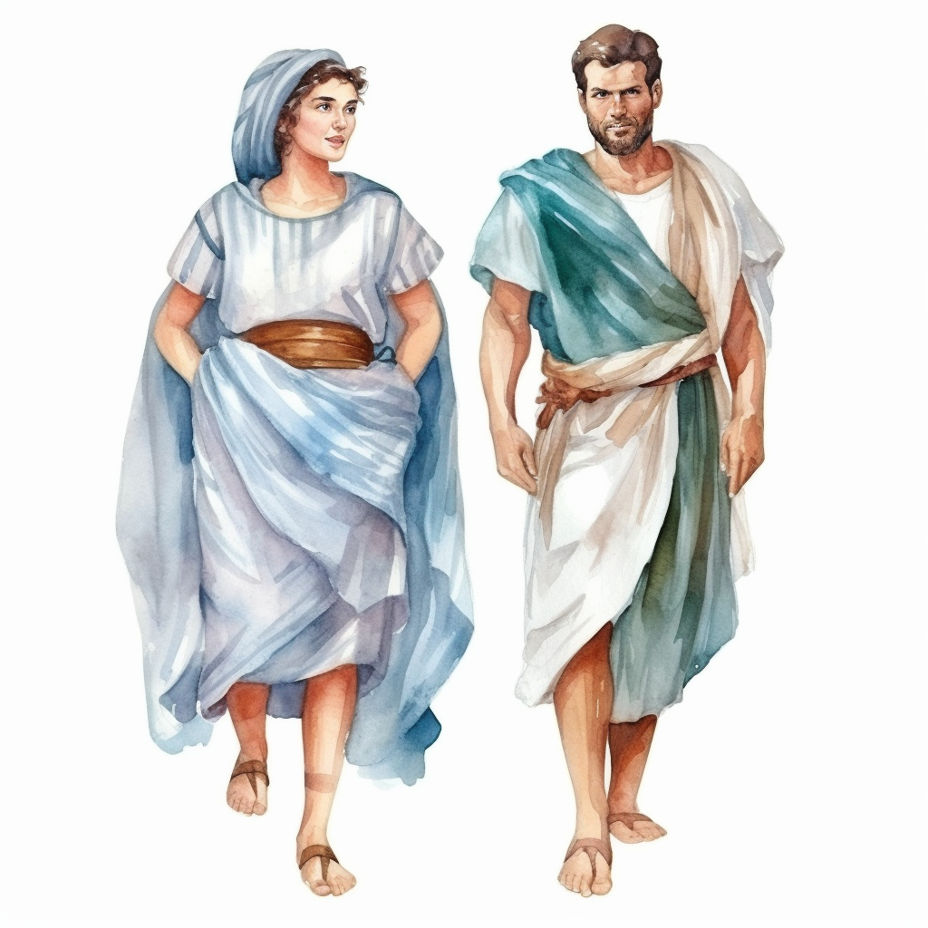 Watercolor well built roman man and woman with white cloths ...