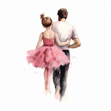 Watercolor illustration of father dancing with his daughter wearing a pink tutu, showing the back side only, 2d asset, isolated cozy object on white background, warm cozy colors, white background, watercolor, hyperrealism, high detail, isolated elements, clipart