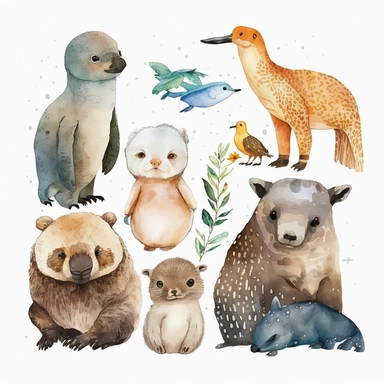 A group of cute, straight out of a kiddie watercolor clipart, sits against a pristine white background with delicate margins. These animals are small in body, but their big, curious eyes are what truly sets them apart. Each of them is unique, with different shapes and colors, but they all share a mischievous twinkle in their gaze. The illustrations are reminiscent of Zdeněk Miler's + Miriam Koch's famous 2D style, capturing both the cuteness and cuddliness of these creatures in perfect harmony. 