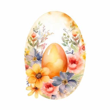 a dreamy watercolour composition of one easter egg with beautiful bold pattern surrounded by delicate flowers isolated on a white background for clipart or sticker, enchanting cottagecore style by digitalcurio, warm and cozy feeling, warm glowing lighting –no text fonts letters watermark words typography slogans signature