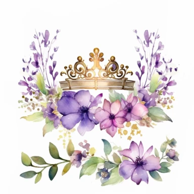 line of purple and lilac watercolor flowers with a simple clipart princess crown on top, watercolor gold, green, purple, white background