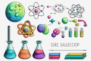 simpel set of laboratory stuff clipart, big bang, atom structur, watercolor style, black outlines, strong colors, for childrenbook, white background, 16k,