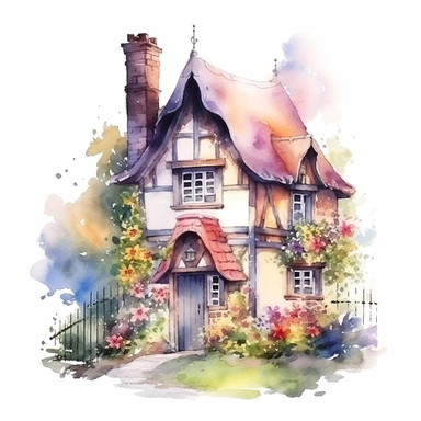 Vector clipart, isolated on white background, beautiful lovely Watercolor cute little colorful house, spring time , ornated, pastel colors, small England village