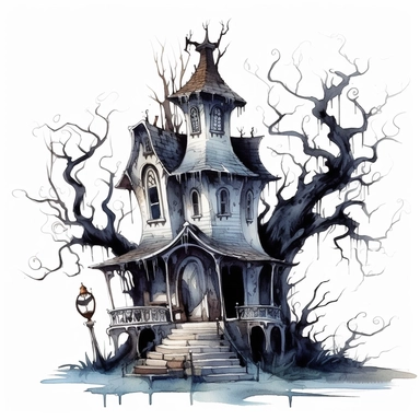 haunted house by tim burton, dead trees, watercolor, clipart, white background, in the style of victorian-inspired illustrations, fantastic grotesque, sketchfab