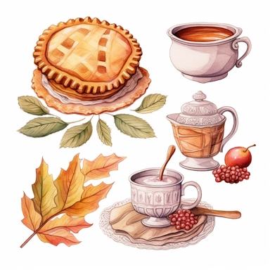 Watercolor illustration of a pie, tea and leaves, in the style of white and amber, knitted and crocheted, handcrafted objects, spiral group, cabincore, smooth and shiny, konica big mini , style by Lucy Fleming, watercolor, smooth gradients, black contour outline, ultra detailed, clipart elements, delicate pastel colors, solid white background, super clear, high quality